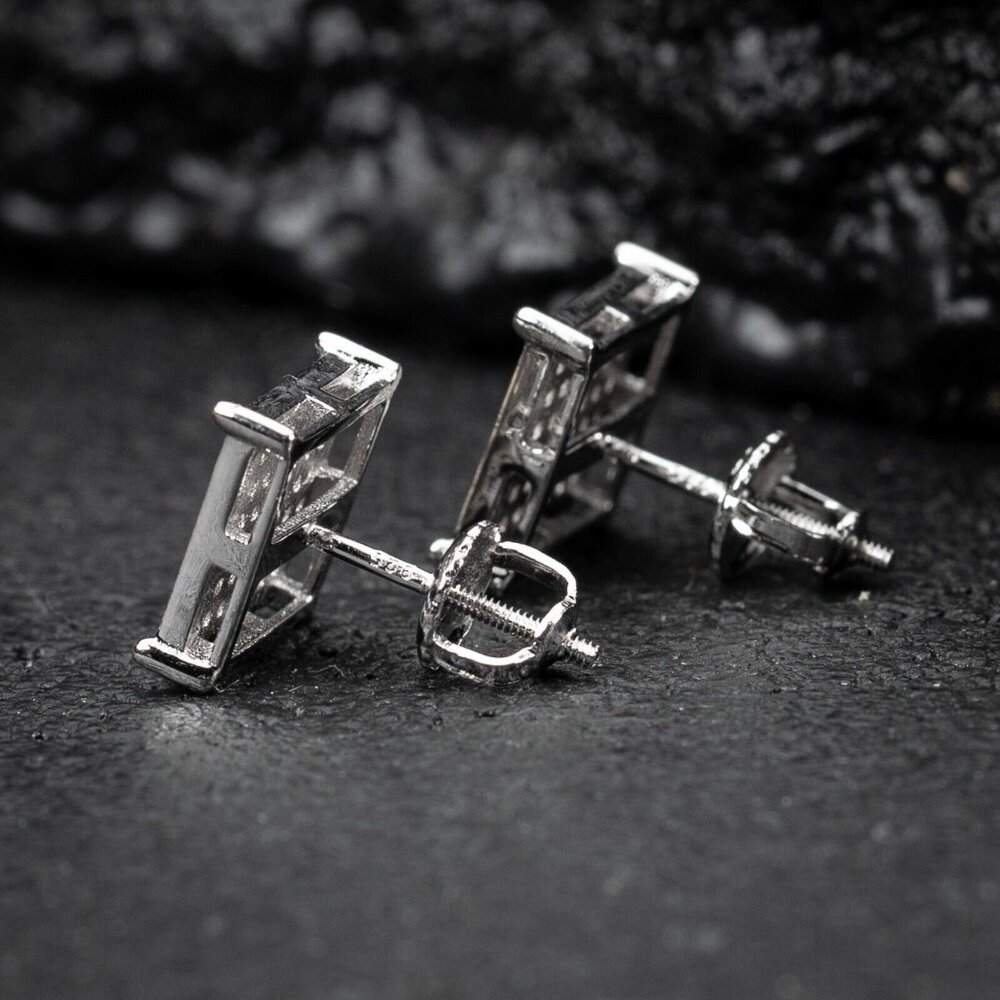 White Gold Sterling Silver Hip Hop Cz Square Flat Screen Mens Stud Earrings - Picture 5 of 5